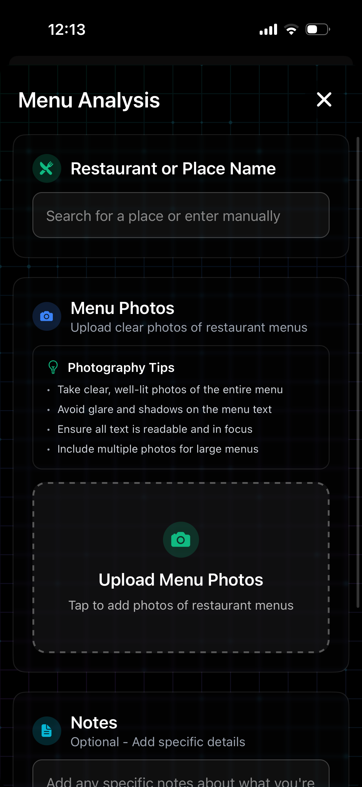Foodie menu analysis input screen with a place-name field, photography tips, and a large drop zone for menu photo uploads