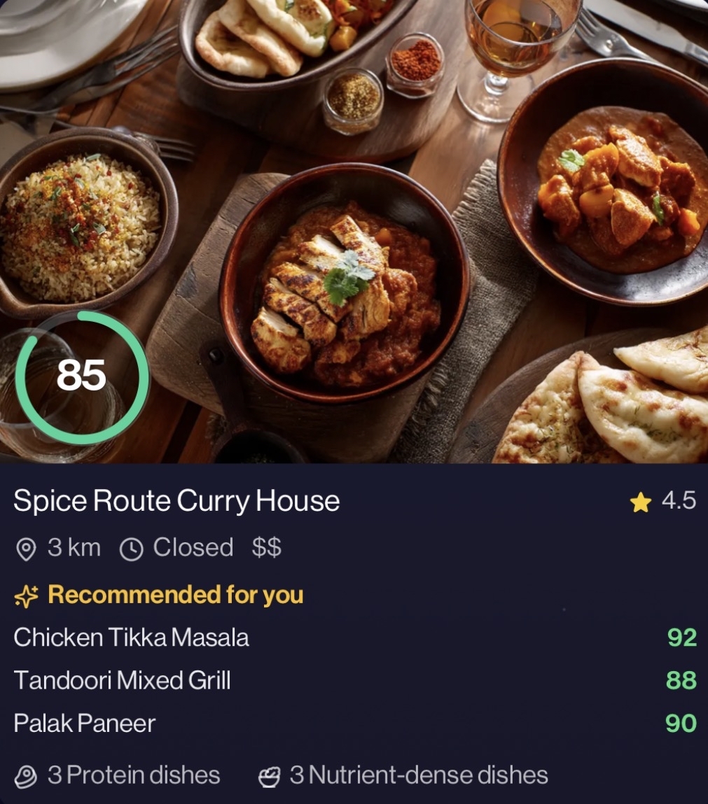 Spice Route Curry House, score 85, three Indian recommendations